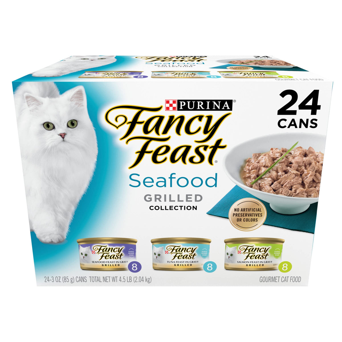 Fancy Feast emballage avant montrant la gamme Grilled Seafood et praticité