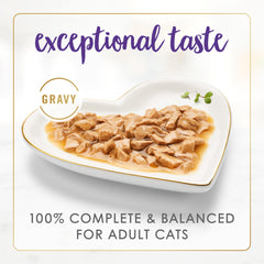 Fancy Feast gros plan des morceaux et sauce onctueuse, appétence renforcée
