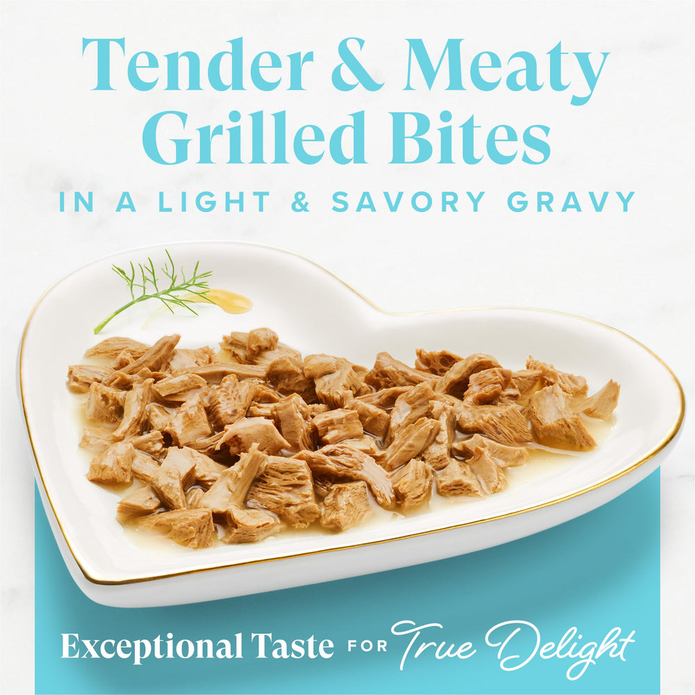 Fancy Feast gros plan sur morceaux de thon, favorise appétit et protéines