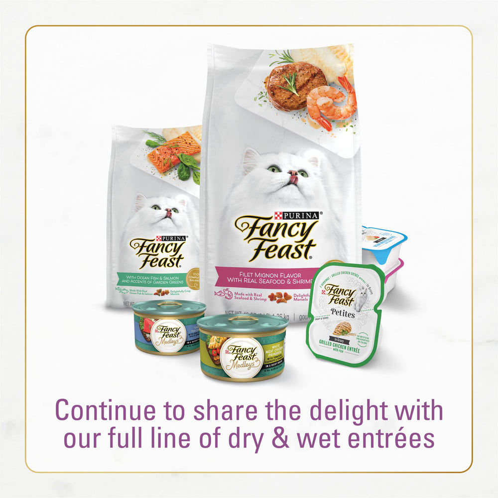 Fancy Feast gros plan morceaux de poulet et dinde visibles pour attractivité