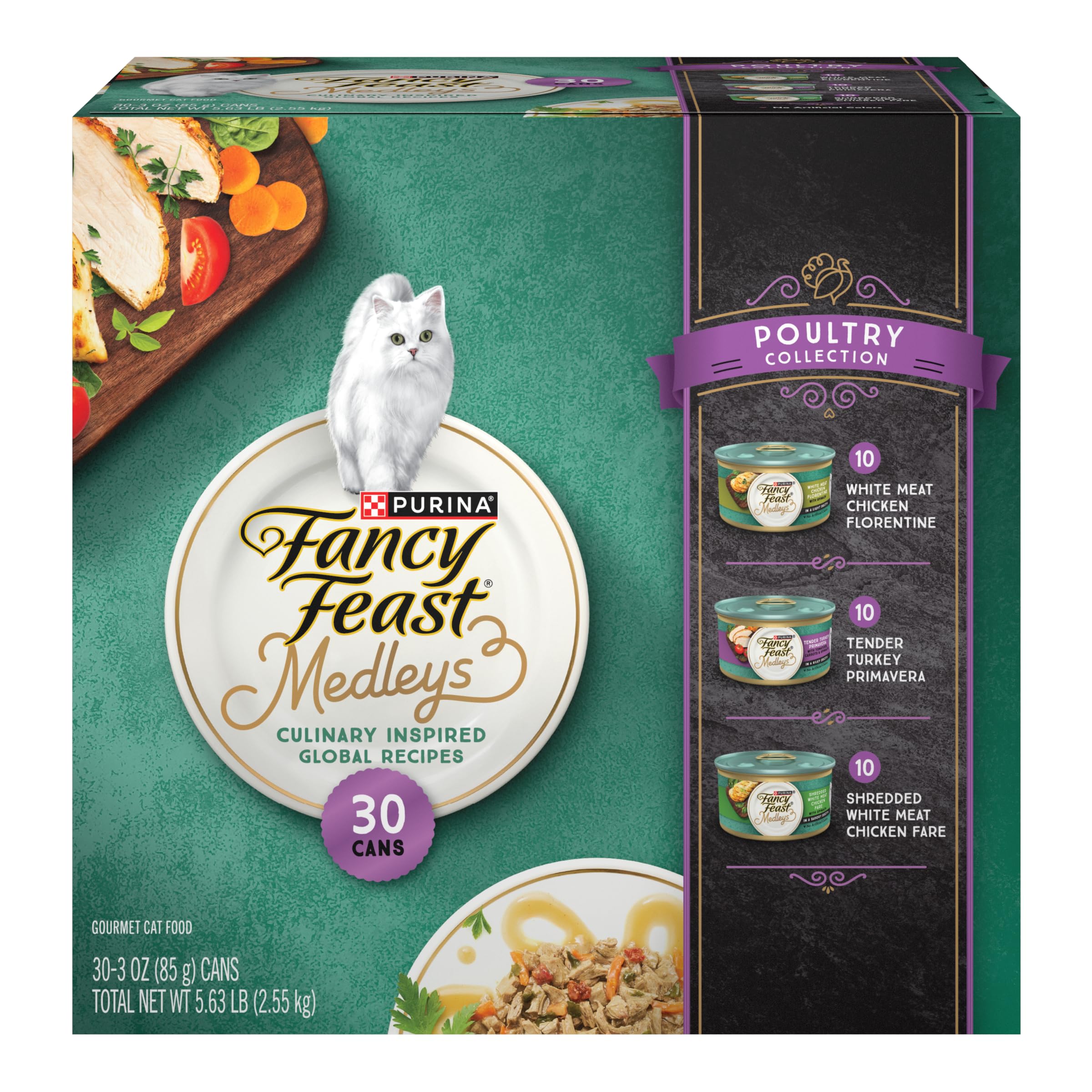 Fancy Feast gros plan avant de la boîte volaille montrant l'emballage attrayant