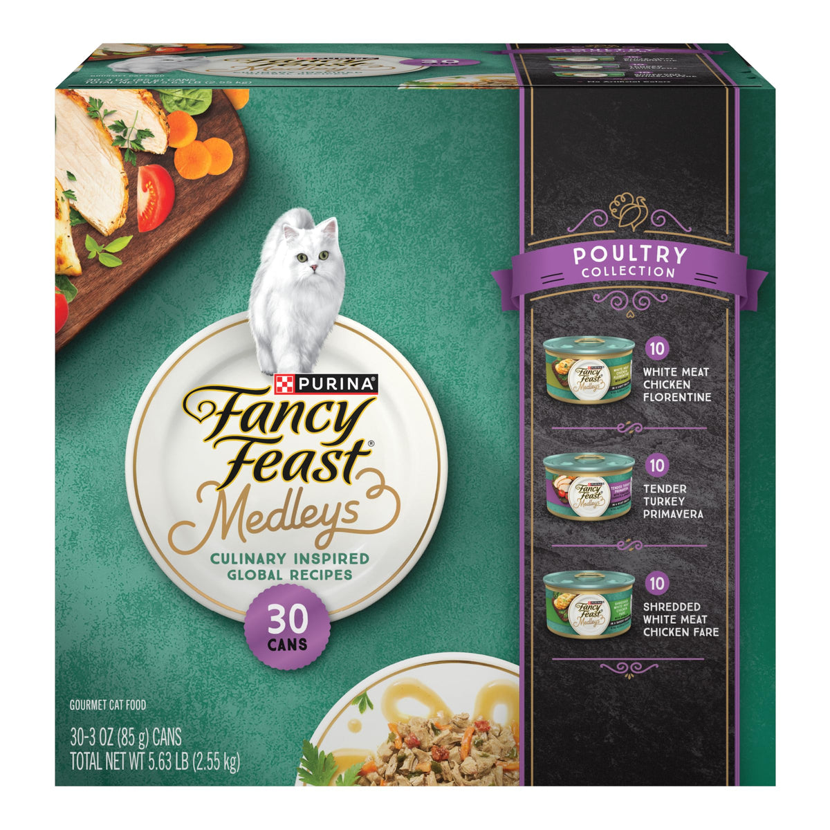 Fancy Feast gros plan avant de la boîte volaille montrant l'emballage attrayant