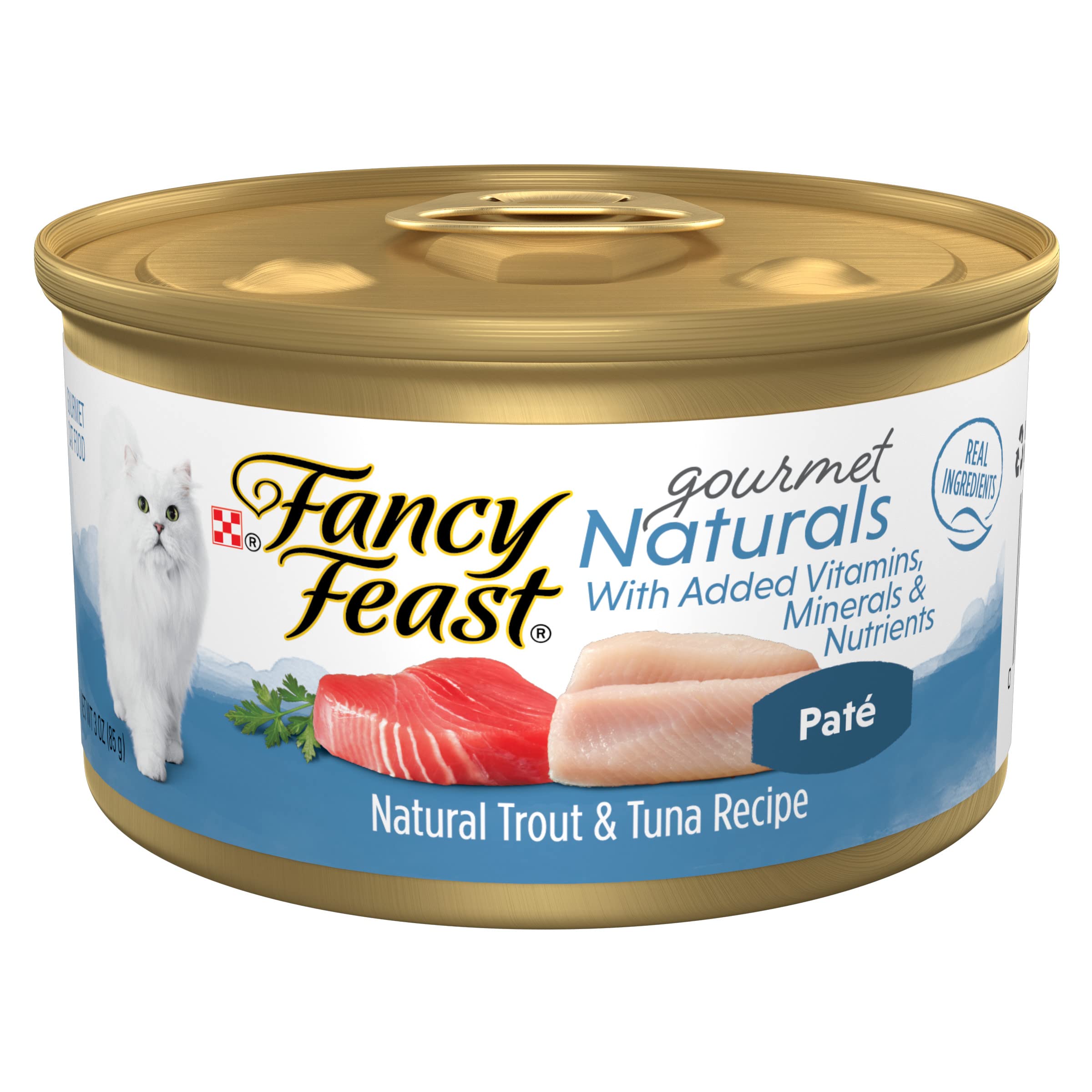 Fancy Feast face de la boîte montrant la recette truite et thon et la qualité