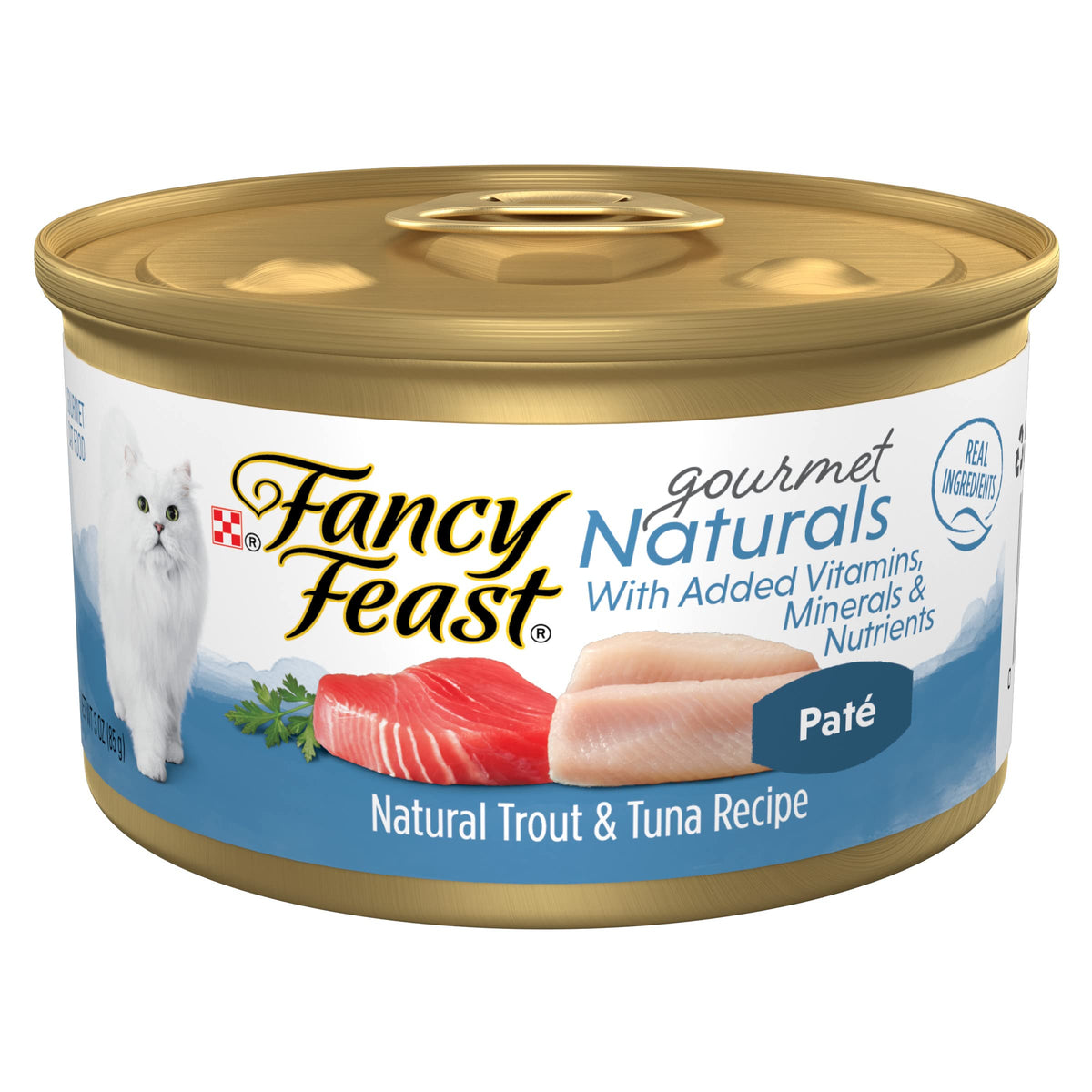 Fancy Feast face de la boîte montrant la recette truite et thon et la qualité
