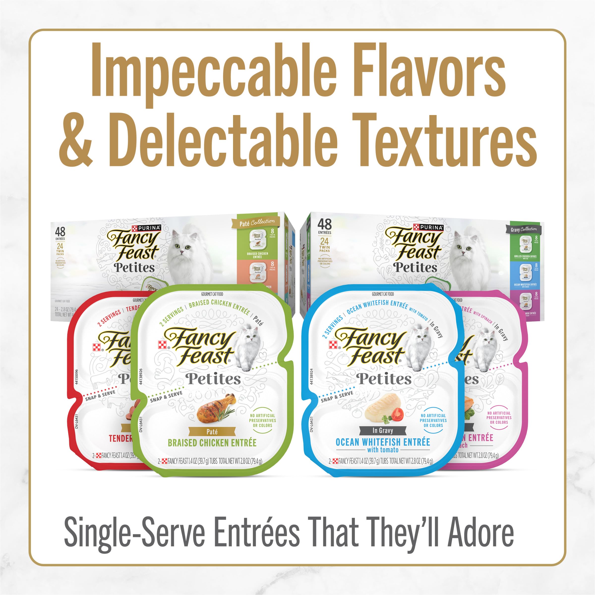 Fancy Feast comparaison taille montrant portion adaptée pour un chat adulte
