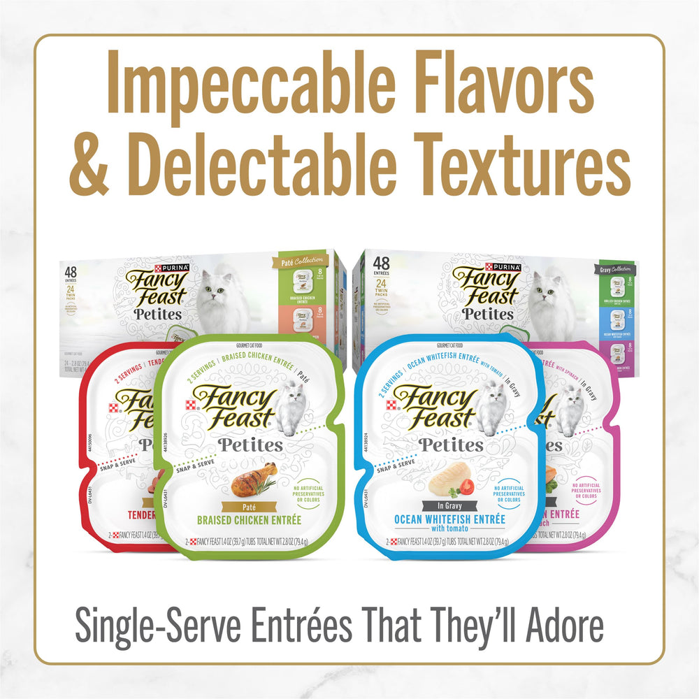 Fancy Feast comparaison taille montrant portion adaptée pour un chat adulte