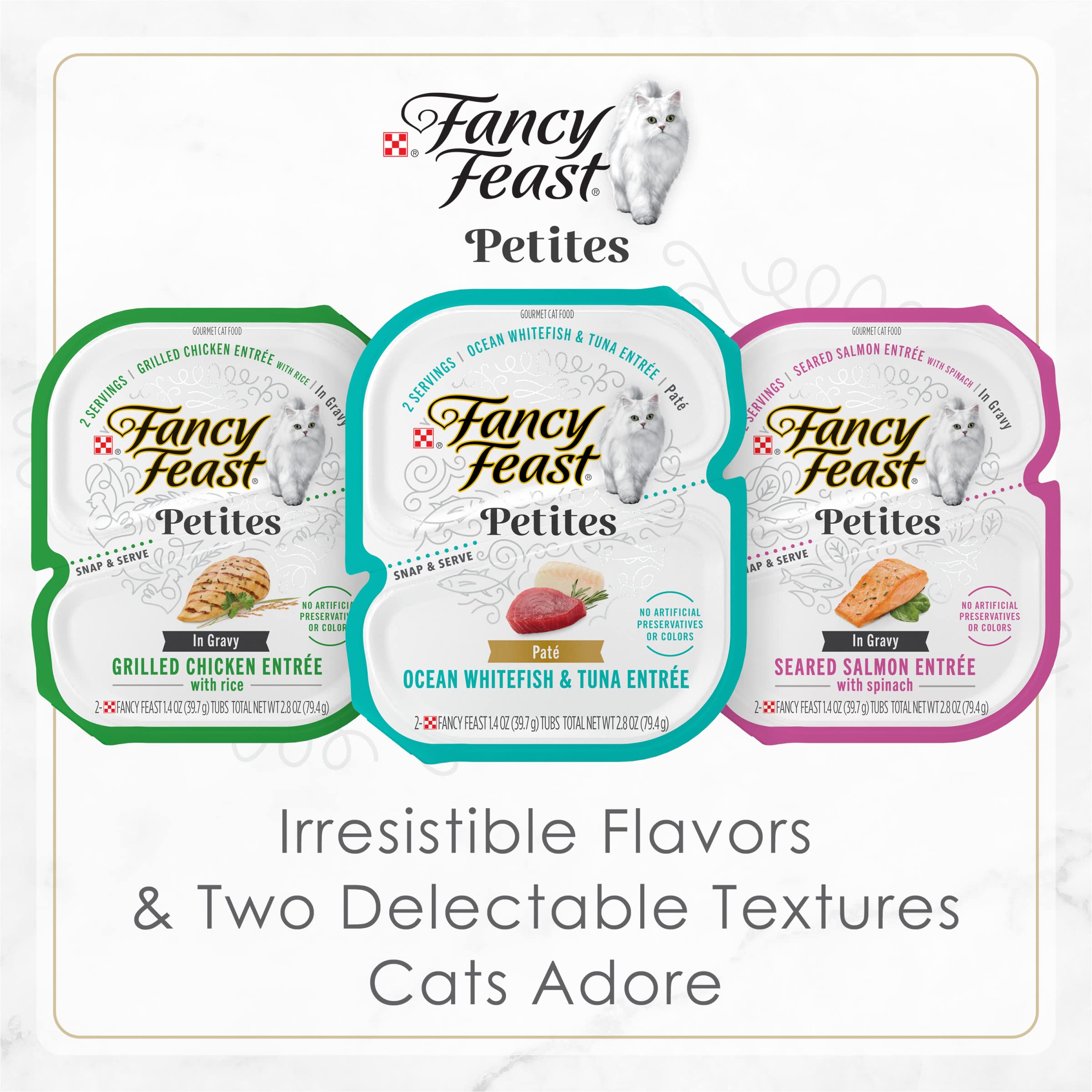 Fancy Feast emballage montrant instructions et informations recyclage