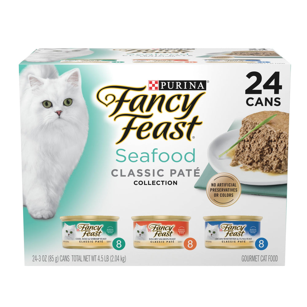 Fancy Feast face avant des boîtes montrant le pack pratique et appétissant