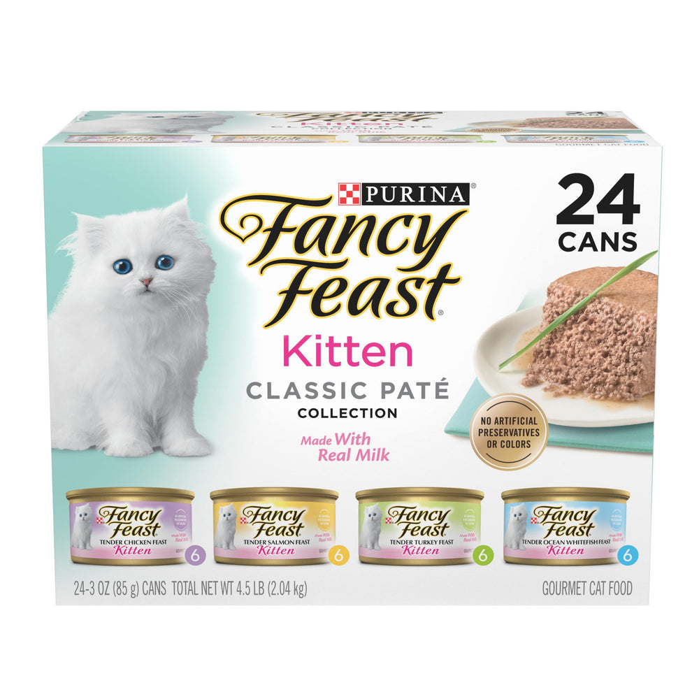 Fancy Feast face avant du pack 24 boîtes montrant l’assortiment et l’étiquette claire