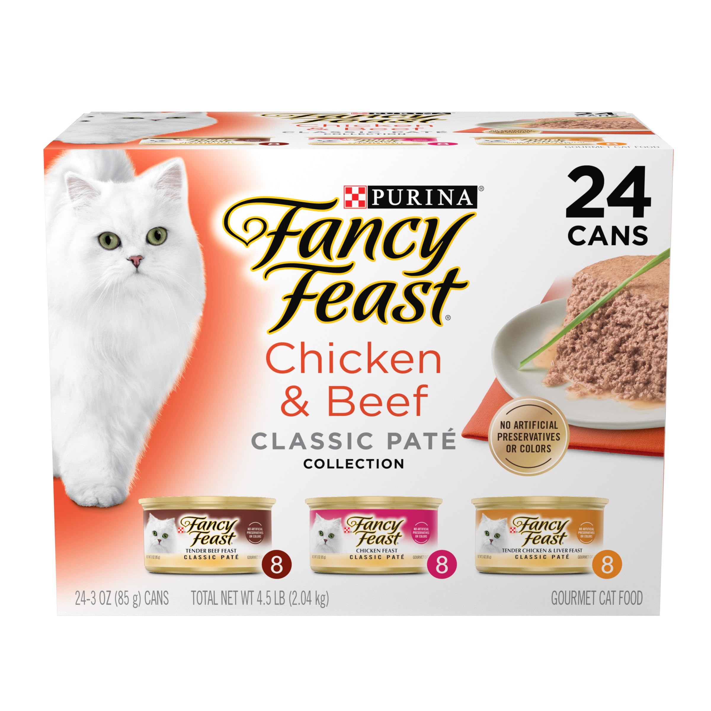 Fancy Feast Purina face avant de la boîte montrant l’étiquette et l’avantage pratique