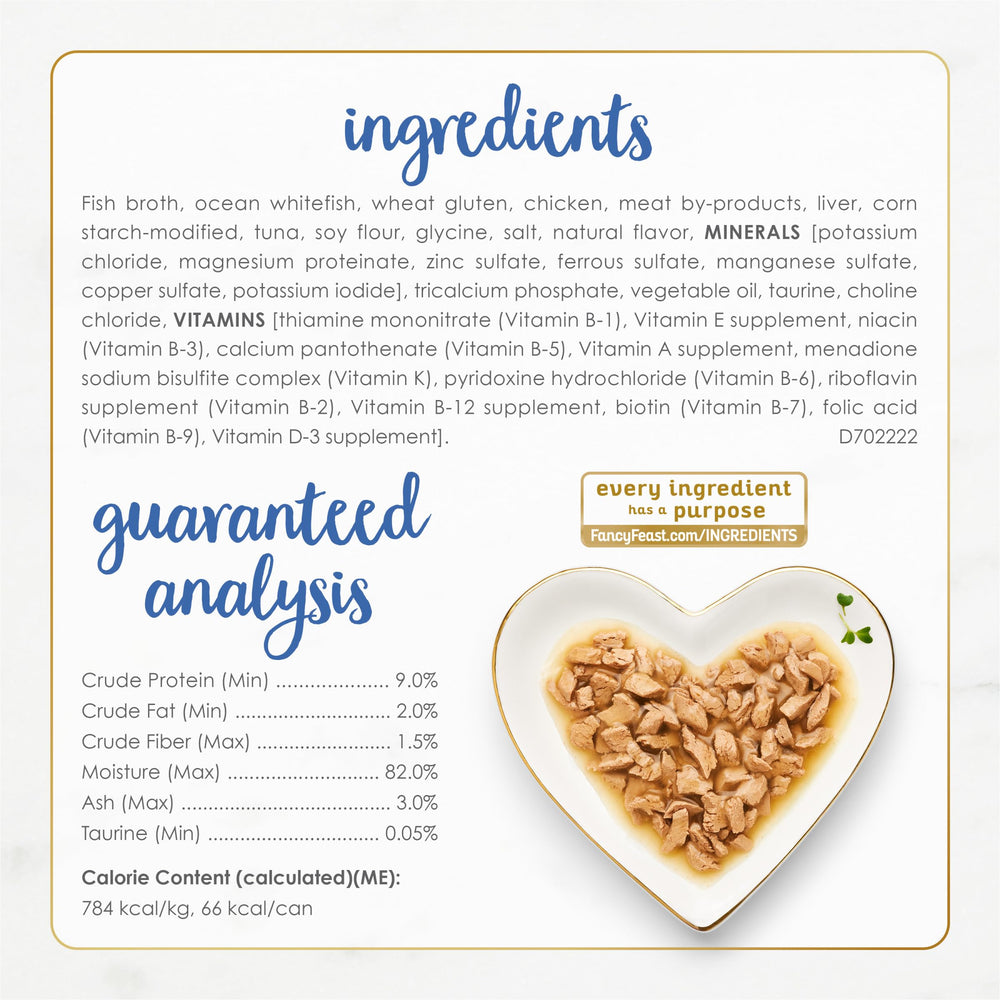 Fancy Feast Purina boîte tenue en main montrant l'échelle et la portion pratique