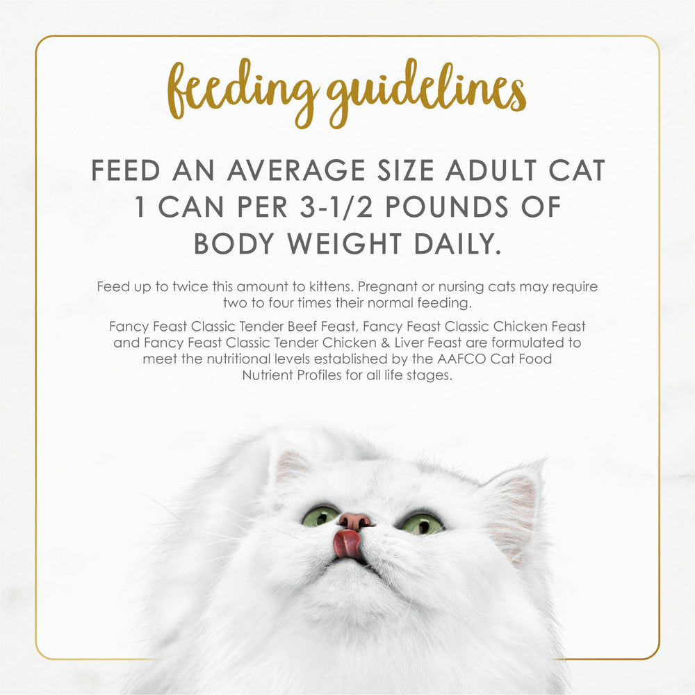 Fancy Feast Purina pack complet de 24 boîtes indiquant l’économie et la variété