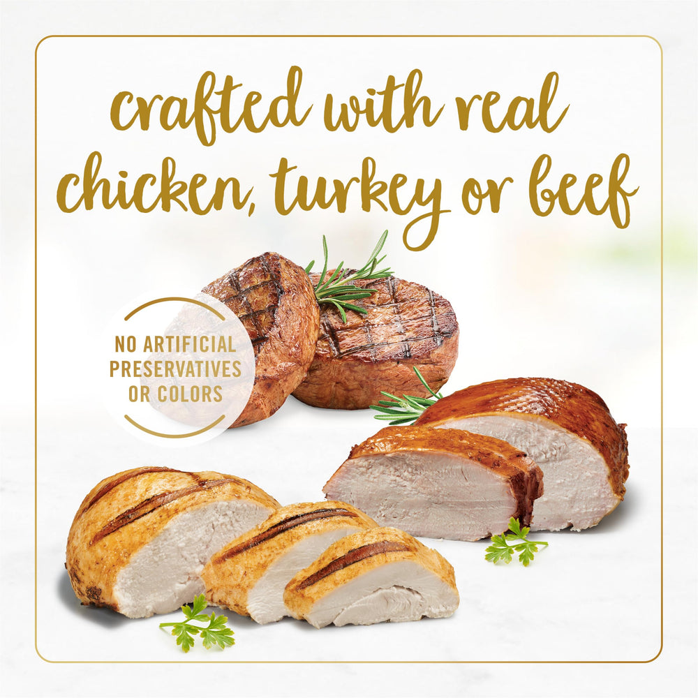 Fancy Feast Purina étiquette lisible précisant viande réelle et ingrédients de qualité