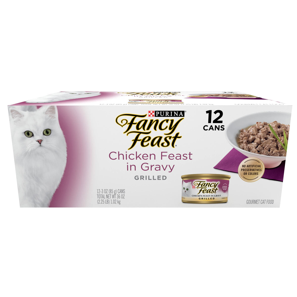 Fancy Feast Purina face de la boîte montrant l'étiquette gourmande et l'appétence