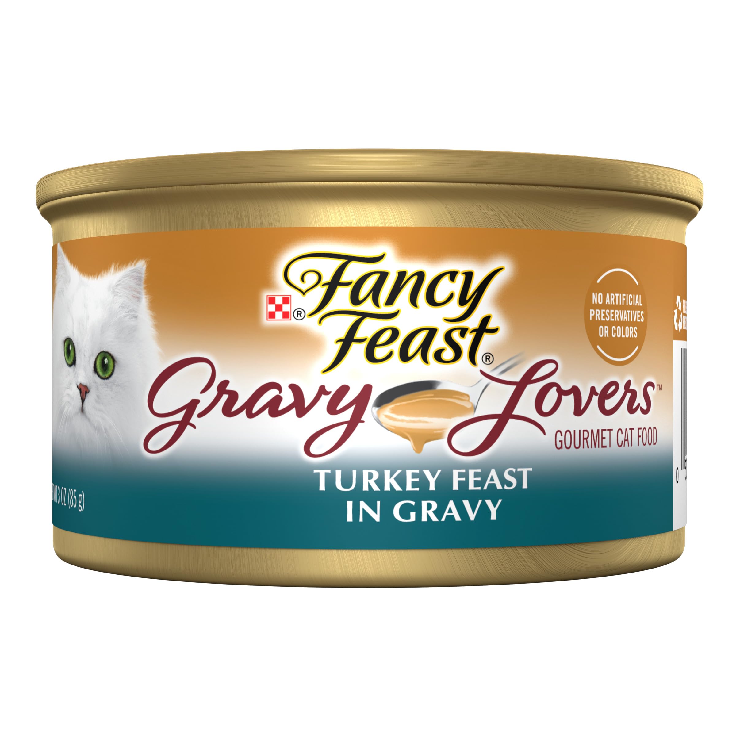 Fancy Feast Purina face de la canette montrant étiquette et attrait visuel