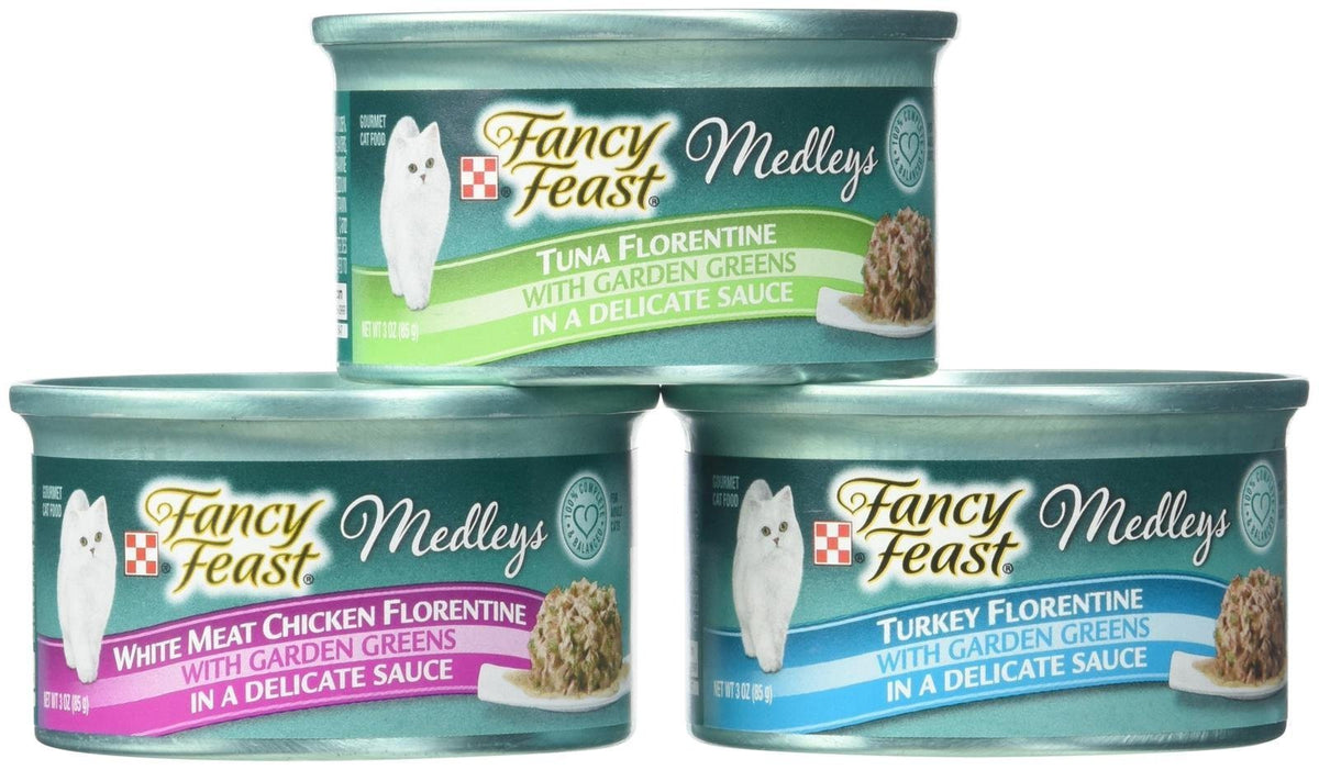 Fancy Feast Purina Medleys face de la boîte montrant l'étiquette et l'attrait visuel