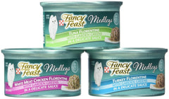 Fancy Feast Purina Medleys face de la boîte montrant l'étiquette et l'attrait visuel