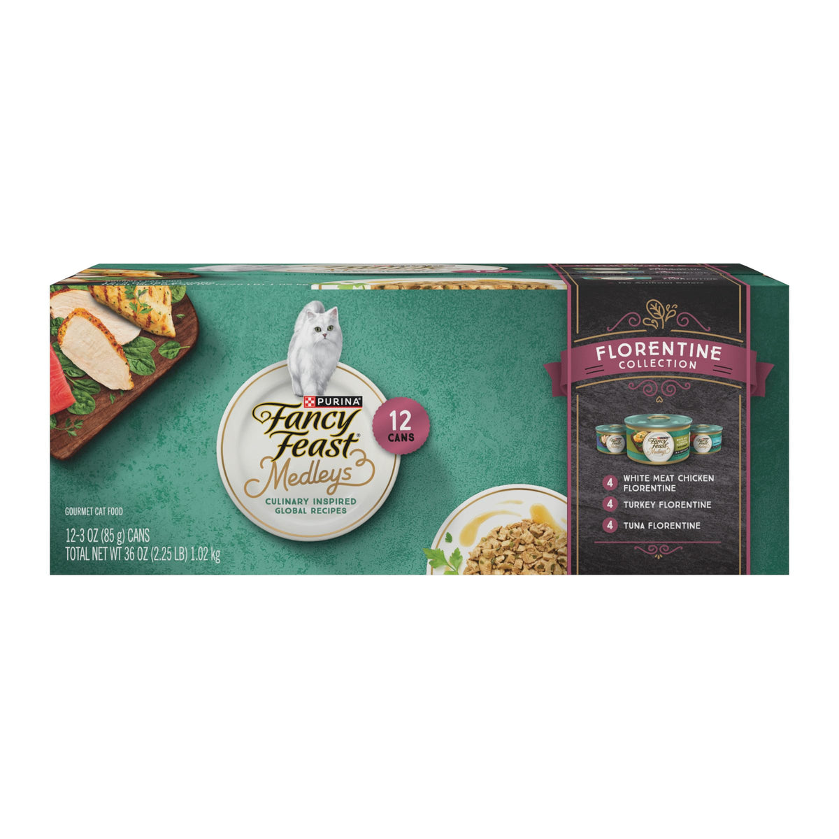 Fancy Feast Purina face de la boîte montrant l’étiquette appétissante et l’attrait visuel
