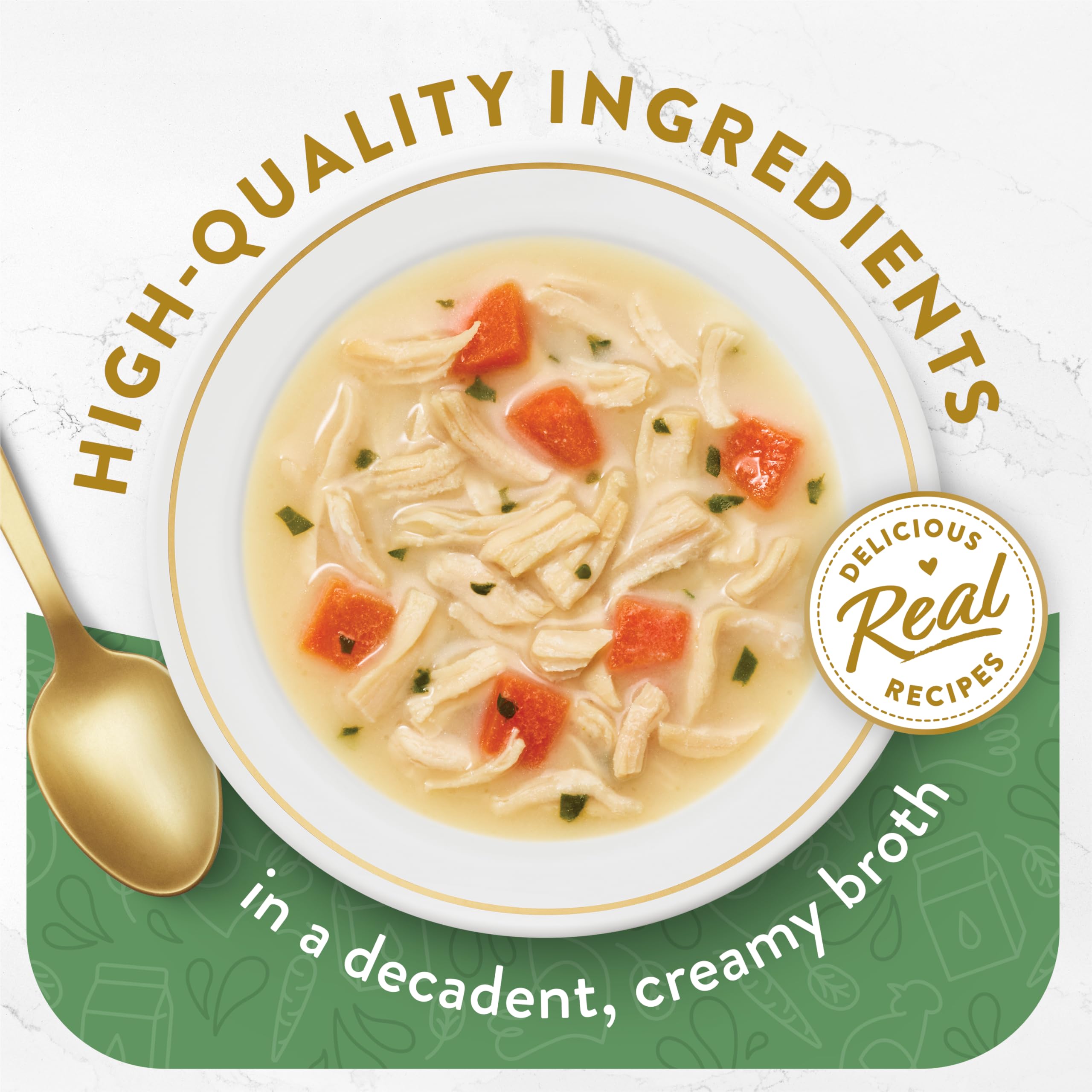 Fancy Feast Purina gros plan sur poulet blanc visible et légumes appétissants