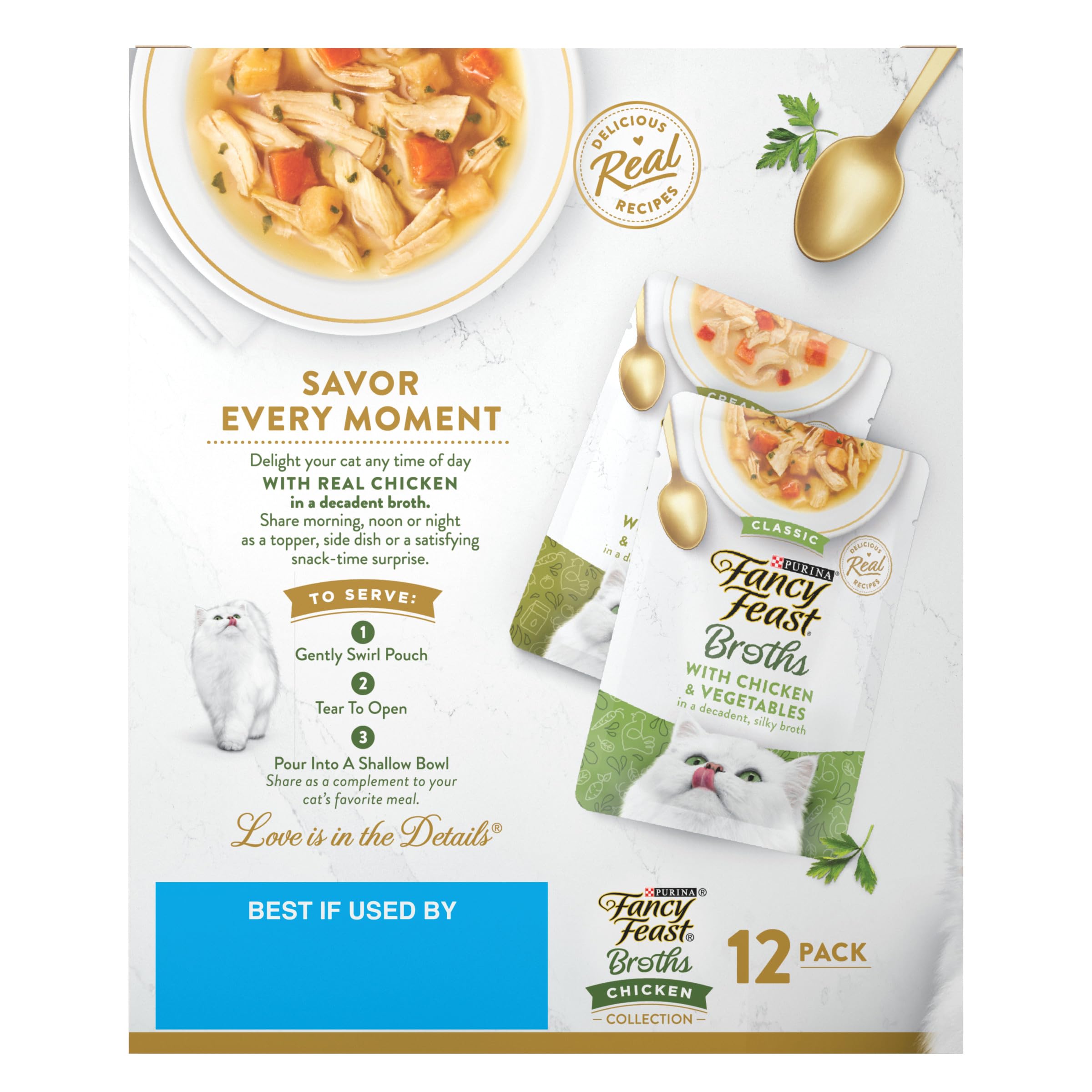 Fancy Feast scène de table avec chat appréciant le topper pour repas plus attrayant