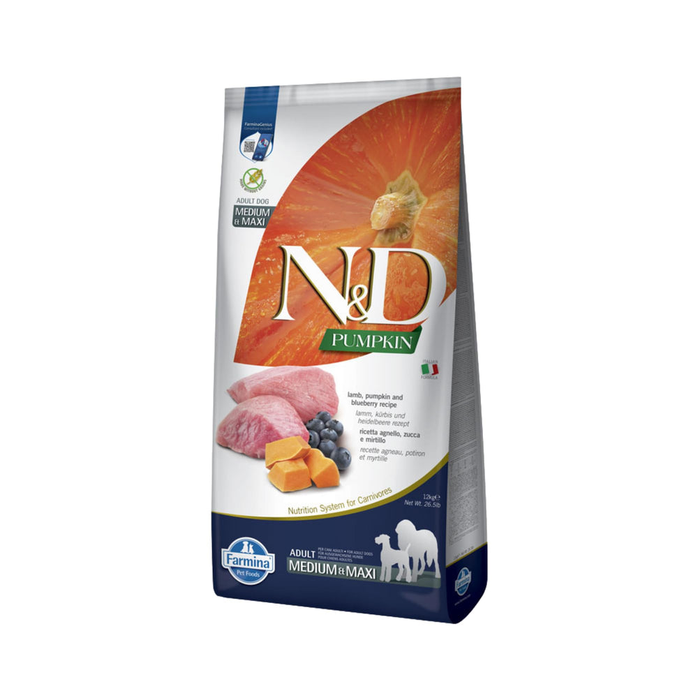 Farmina sac avant 12 kg affichant la marque et bénéfices nutritionnels