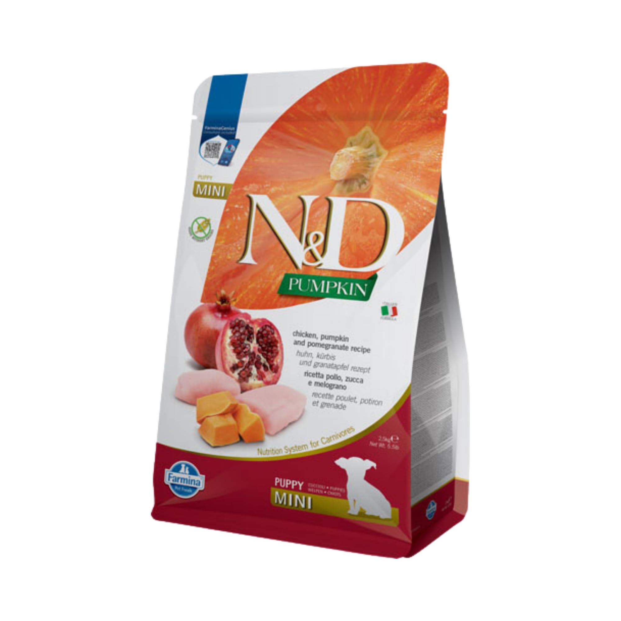 Farmina vue avant du paquet puppy mini, fraîcheur et nutriments concentrés