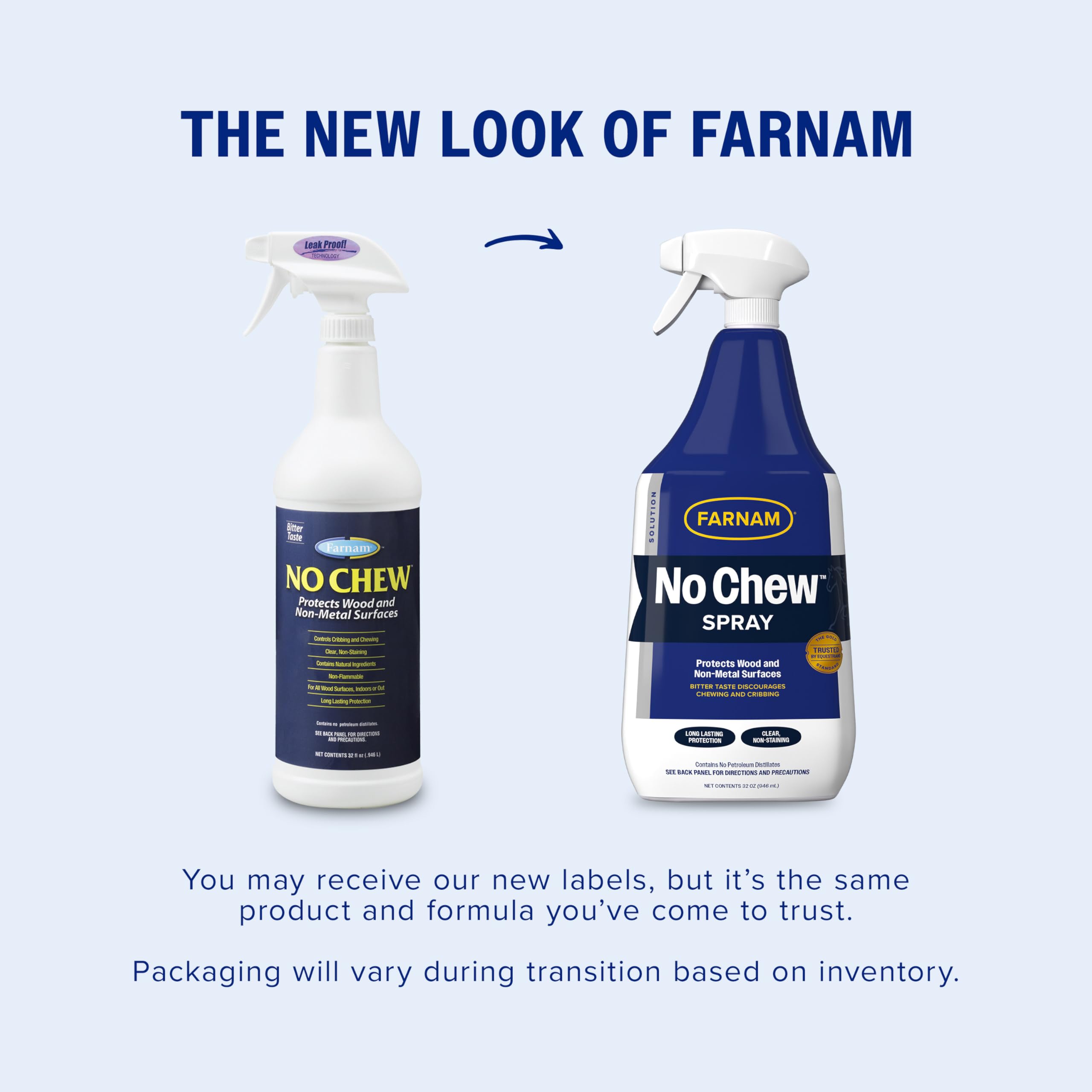 Étiquette Farnam No Chew lisible indiquant usage anti-masticage et précautions
