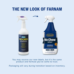Étiquette Farnam No Chew lisible indiquant usage anti-masticage et précautions