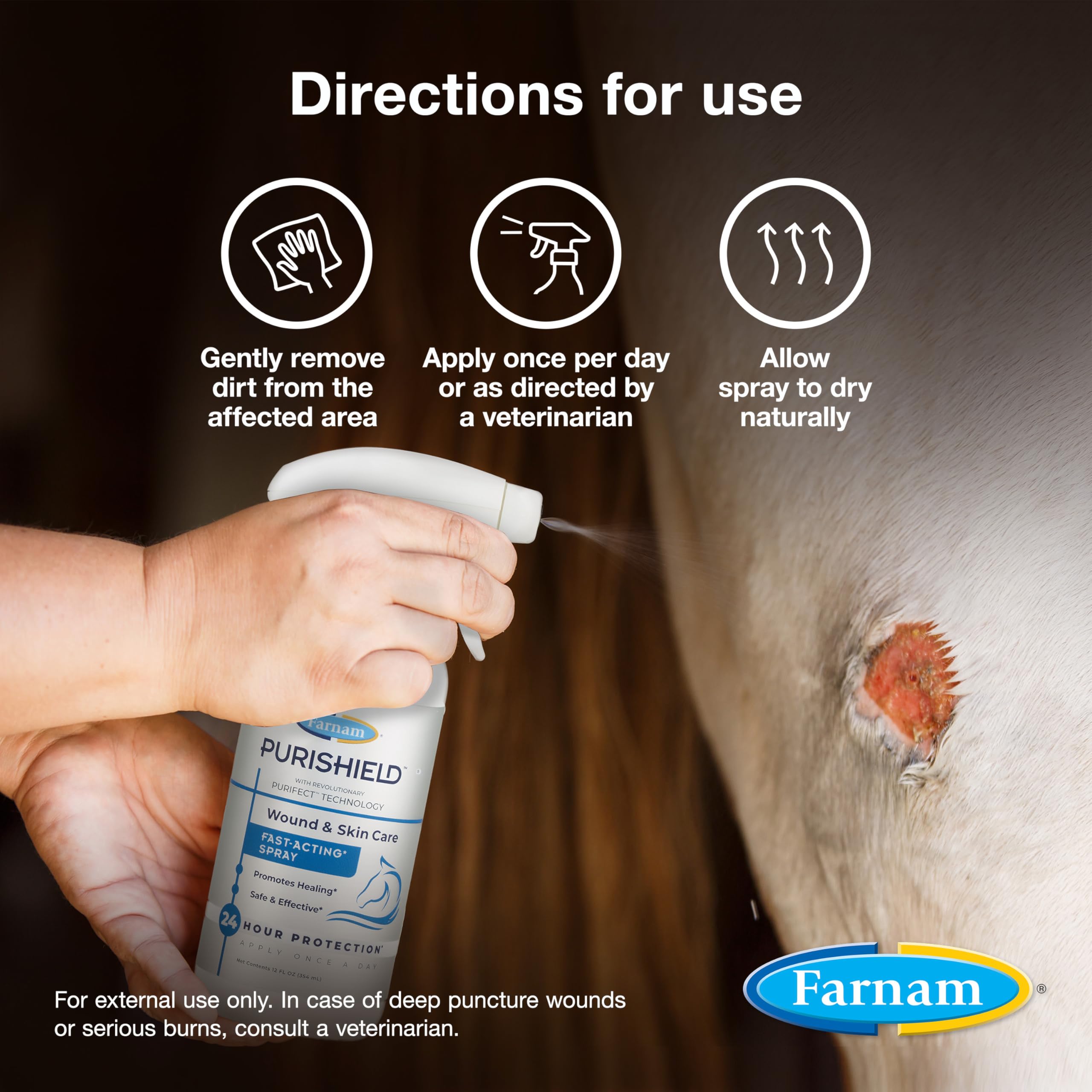 Farnam Purishield pulvérisé sur jambe de cheval pour nettoyage et protection