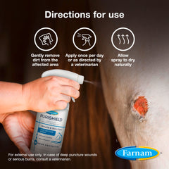 Farnam Purishield pulvérisé sur jambe de cheval pour nettoyage et protection
