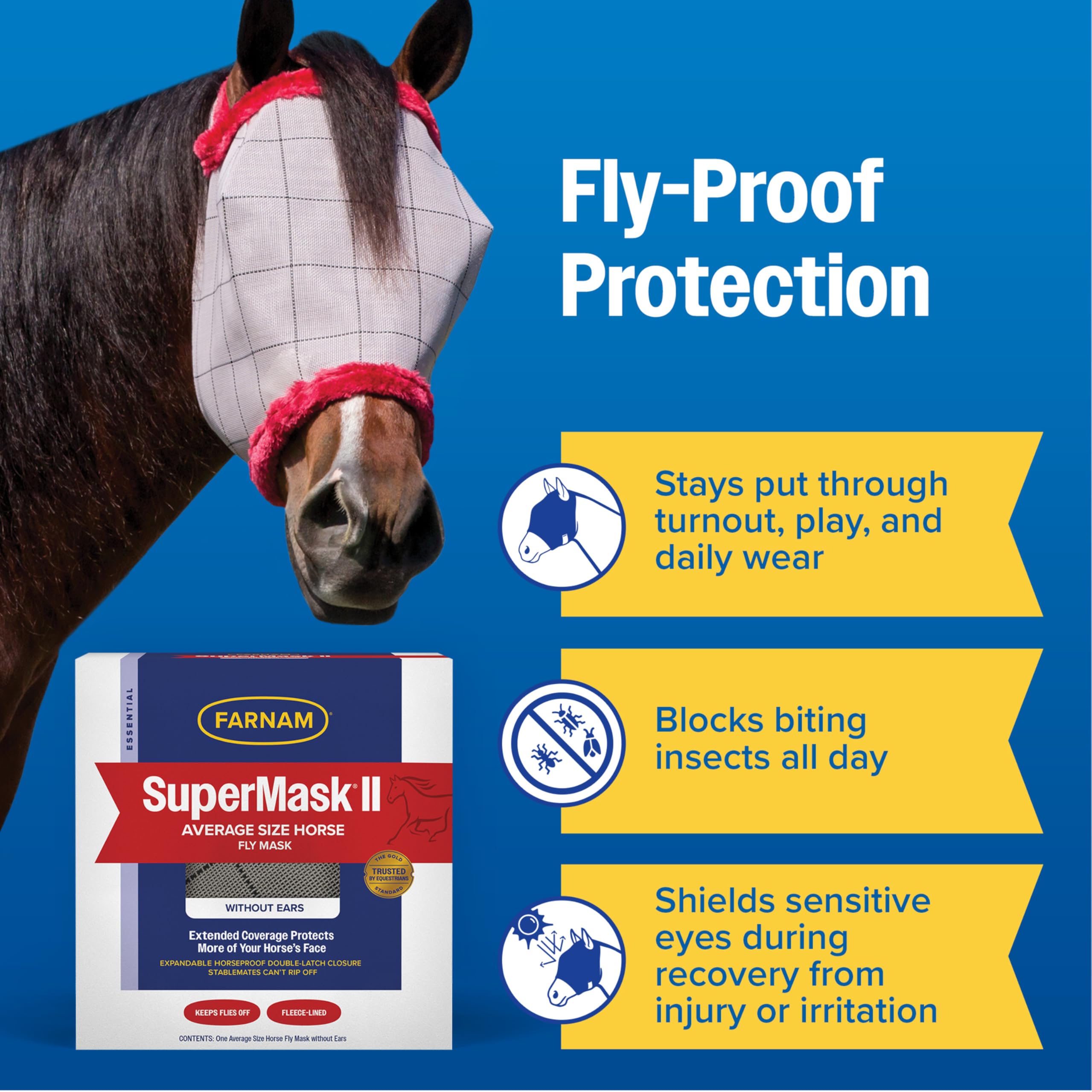Farnam cheval en pâture portant le masque pour protection quotidienne
