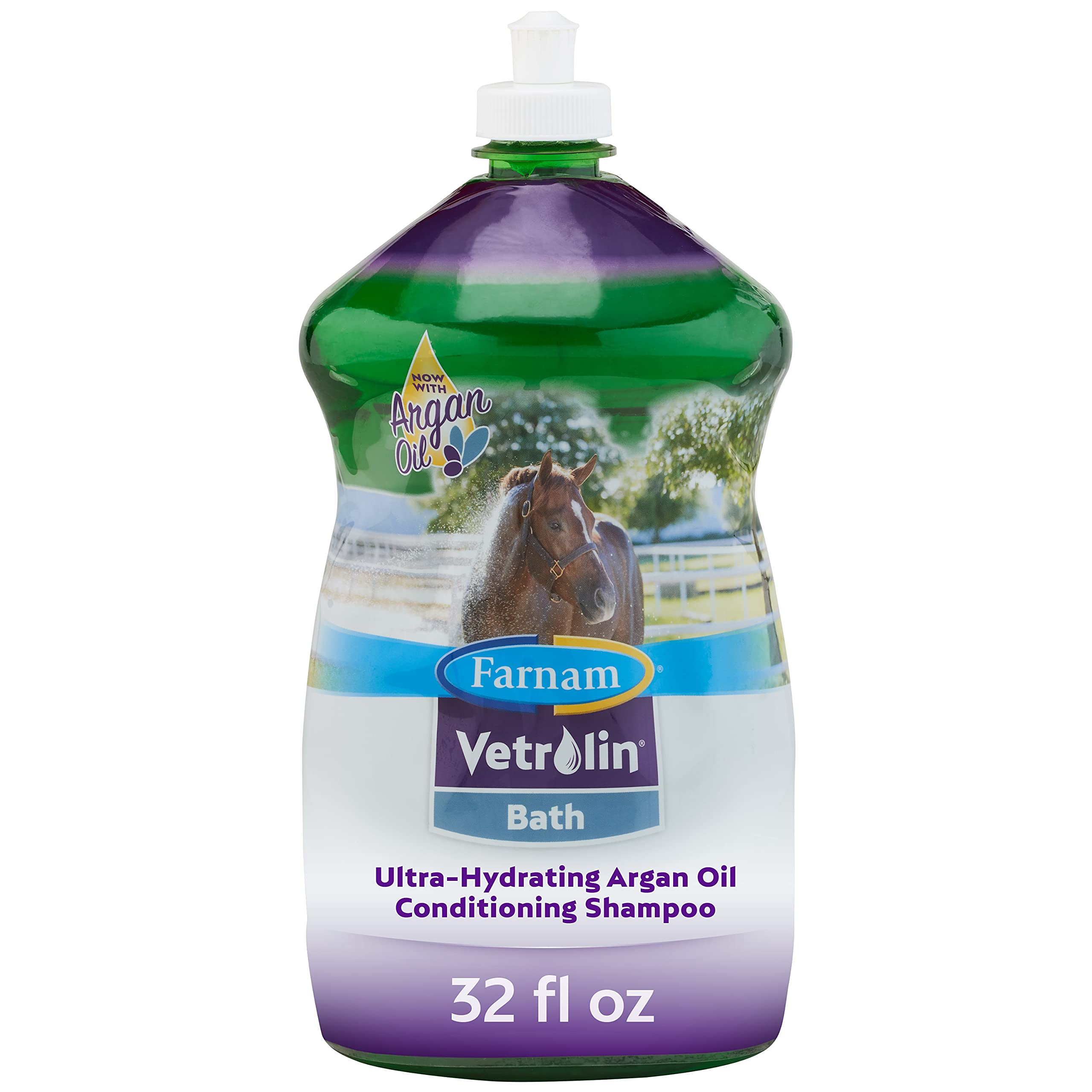Farnam Vetrolin Bath emballage avant montrant flacon et 32 oz, facile à saisir
