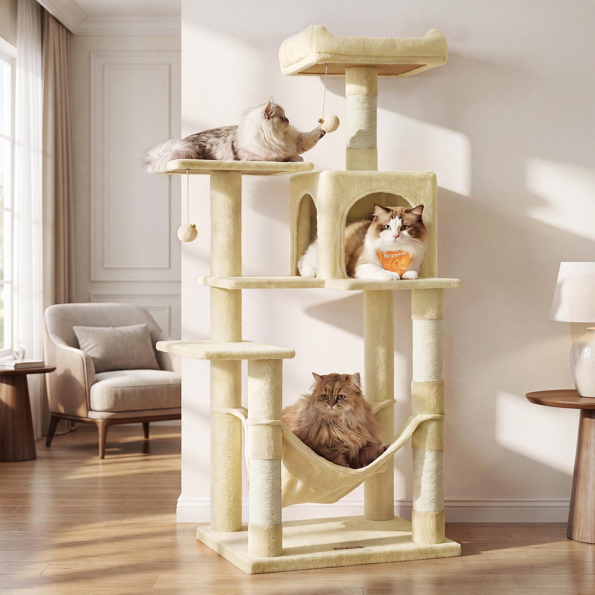 FEANDREA arbre à chat face avant montrant stabilité et plusieurs zones de repos