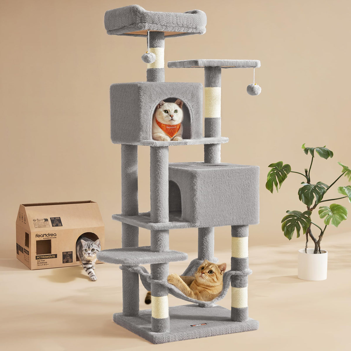 FEANDREA arbre à chat vue frontale montrant design compact et plusieurs niveaux