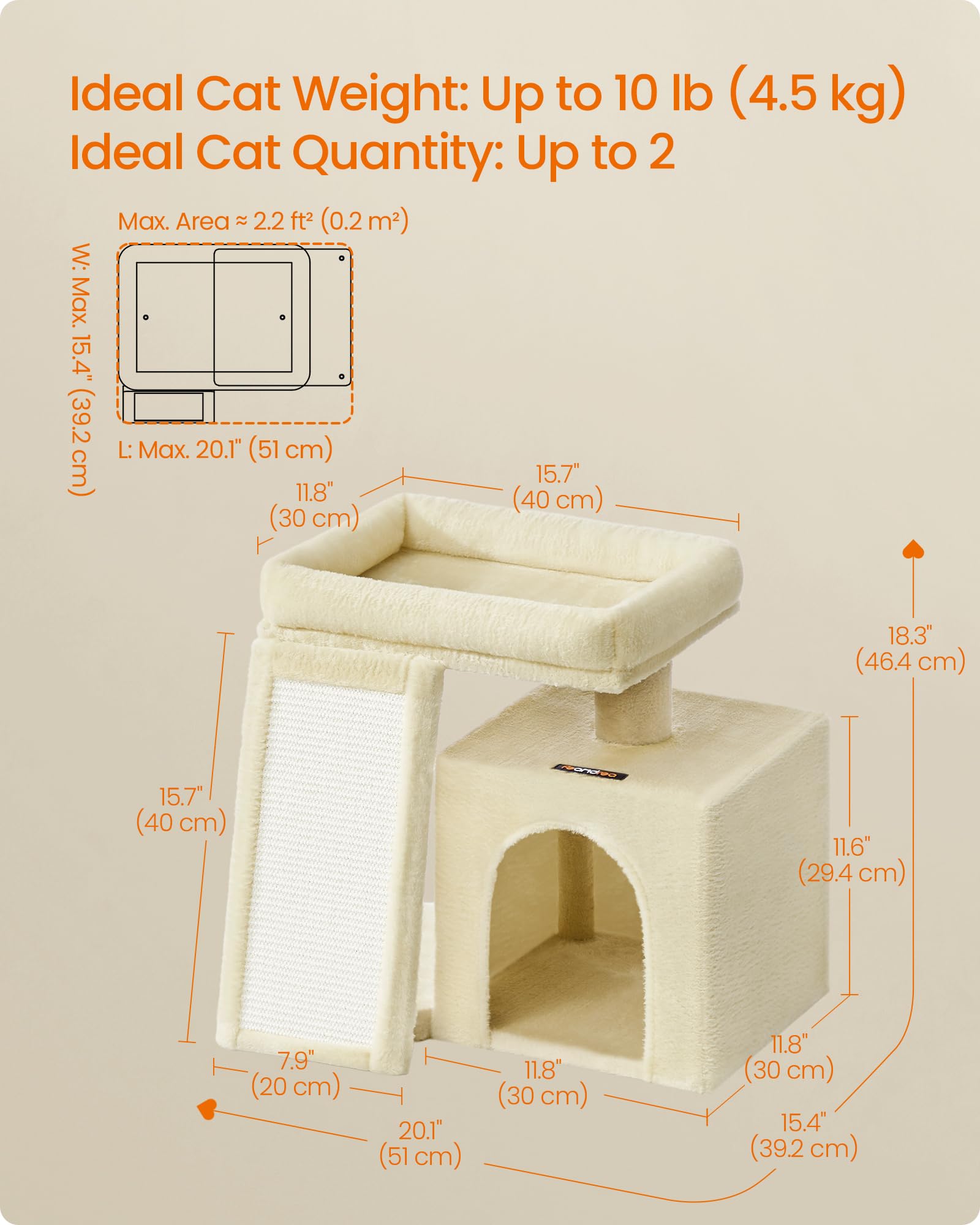 FEANDREA arbre à chat à l'échelle illustrant dimensions compactes