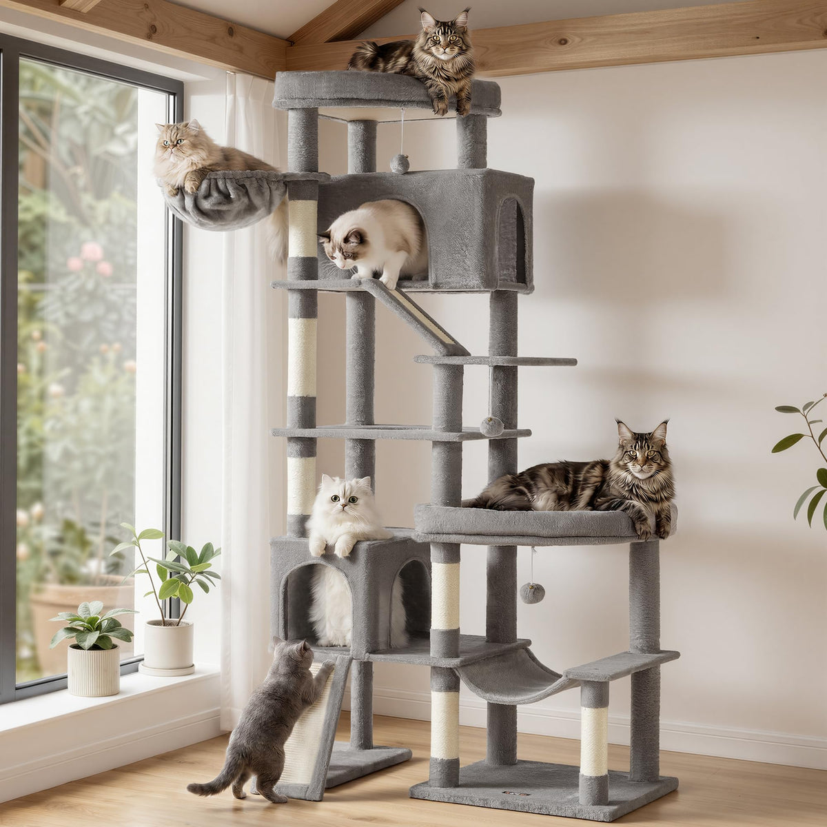 FEANDREA face avant de l'arbre à chat montrant six niveaux et design stable