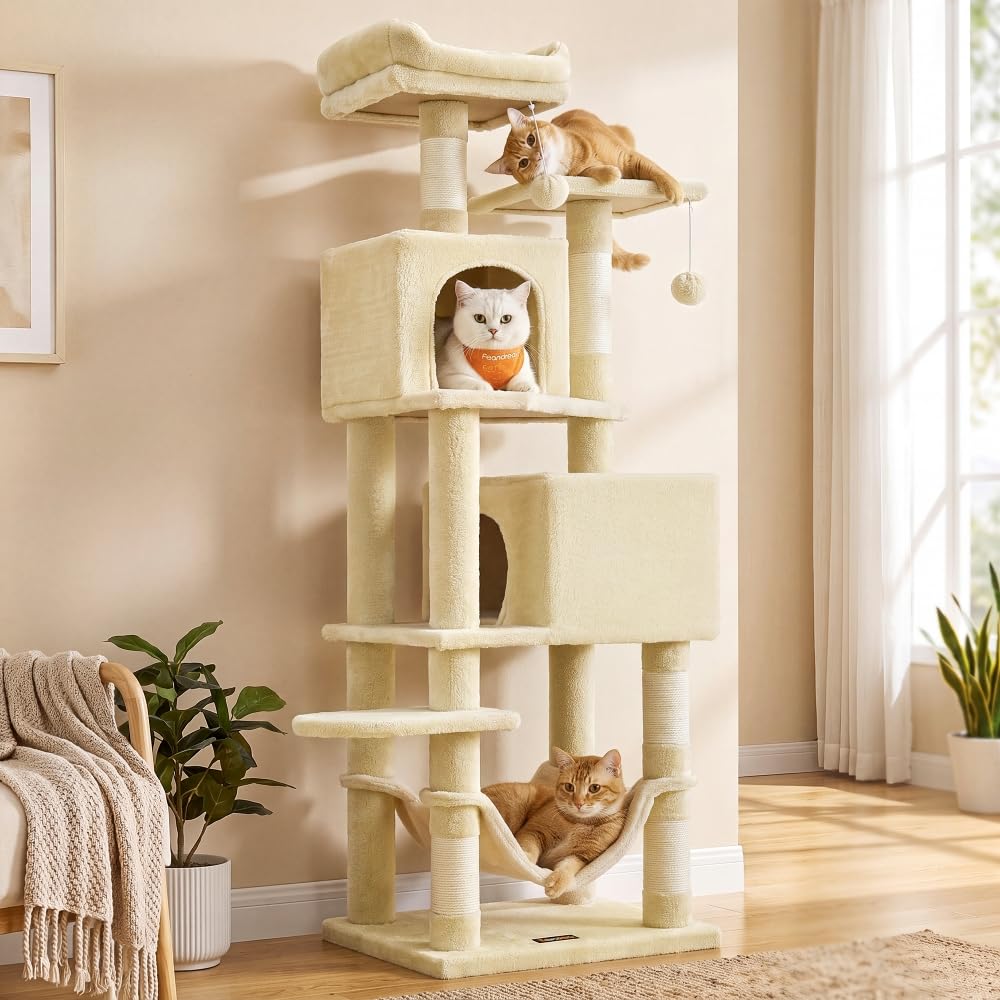 feandrea arbre à chat face entière montrant niveaux et perchoirs, offre zones de jeu