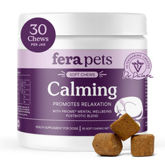 Fera Pets emballage avant montrant 30 pastilles pour calmer et soutenir le chien