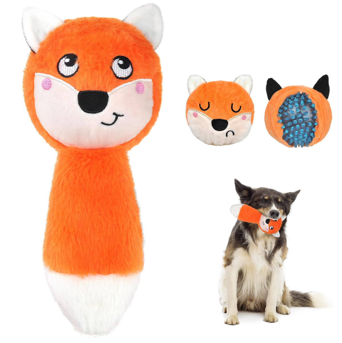 Fida jouet balle 3 en 1 face avant montrant la peluche et le couineur, divertissement prolongé