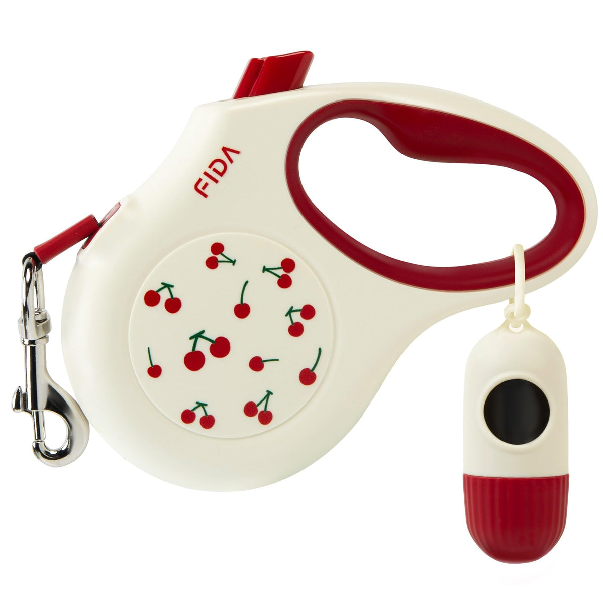 Fida laisse cerise vue avant avec boîtier ergonomique pour confort