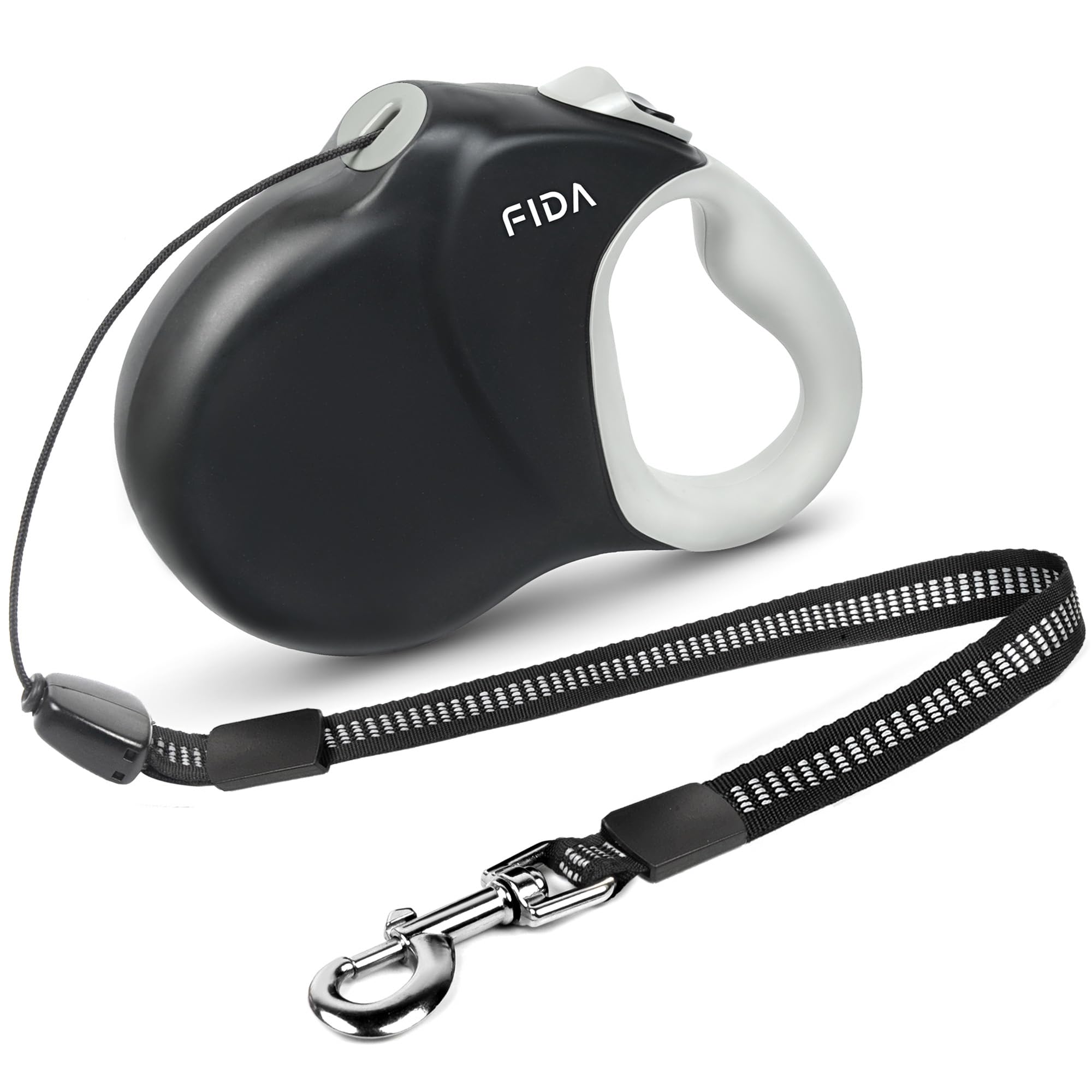Fida laisse rétractable face avant montrant design solide et bouton facile à atteindre