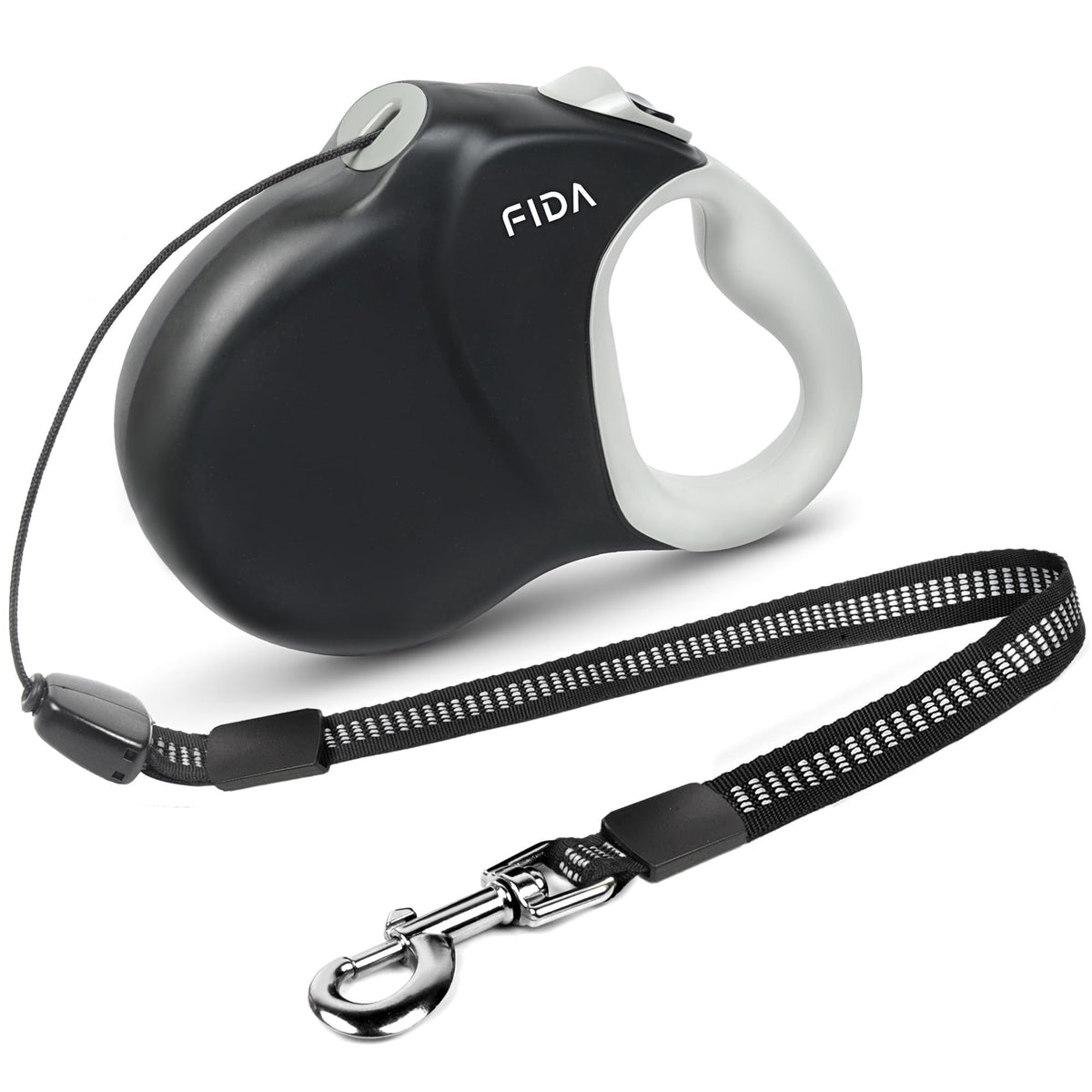 Fida laisse rétractable face avant montrant design solide et bouton facile à atteindre