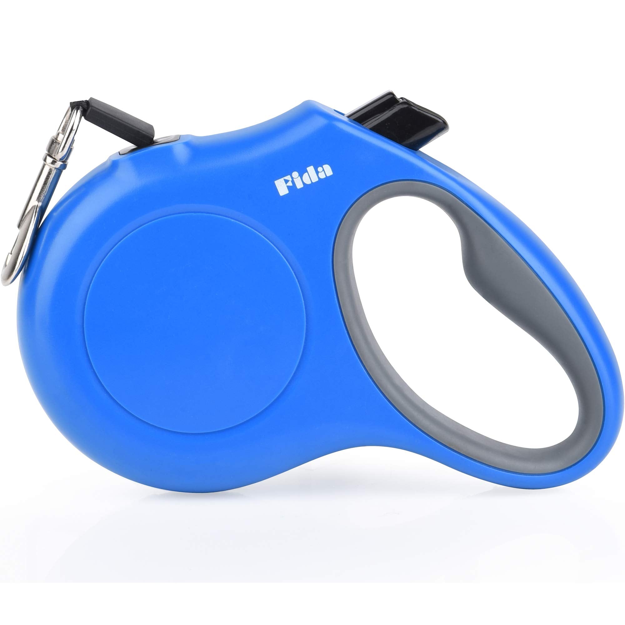 Fida laisse rétractable face avant montrant la couleur bleue et la maniabilité