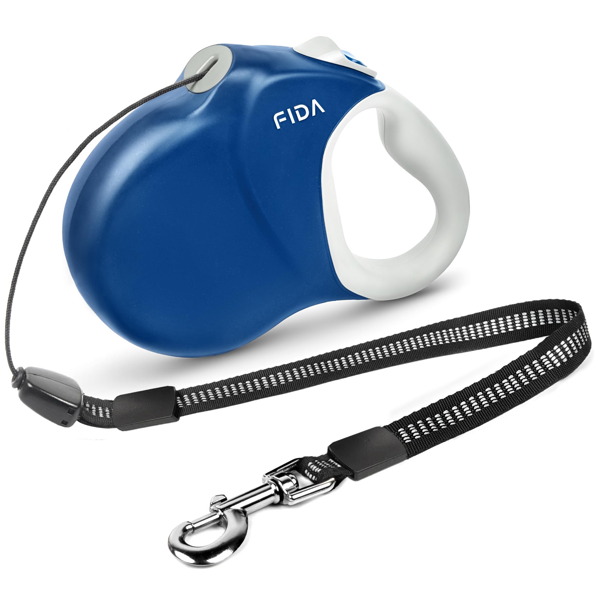 Fida laisse rétractable vue de face bleu montrant boîtier solide et design ergonomique