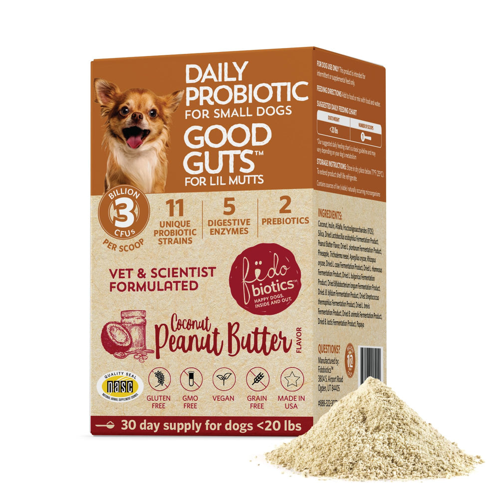 Fidobiotics emballage avant montrant la poudre probiotique, facile et pratique