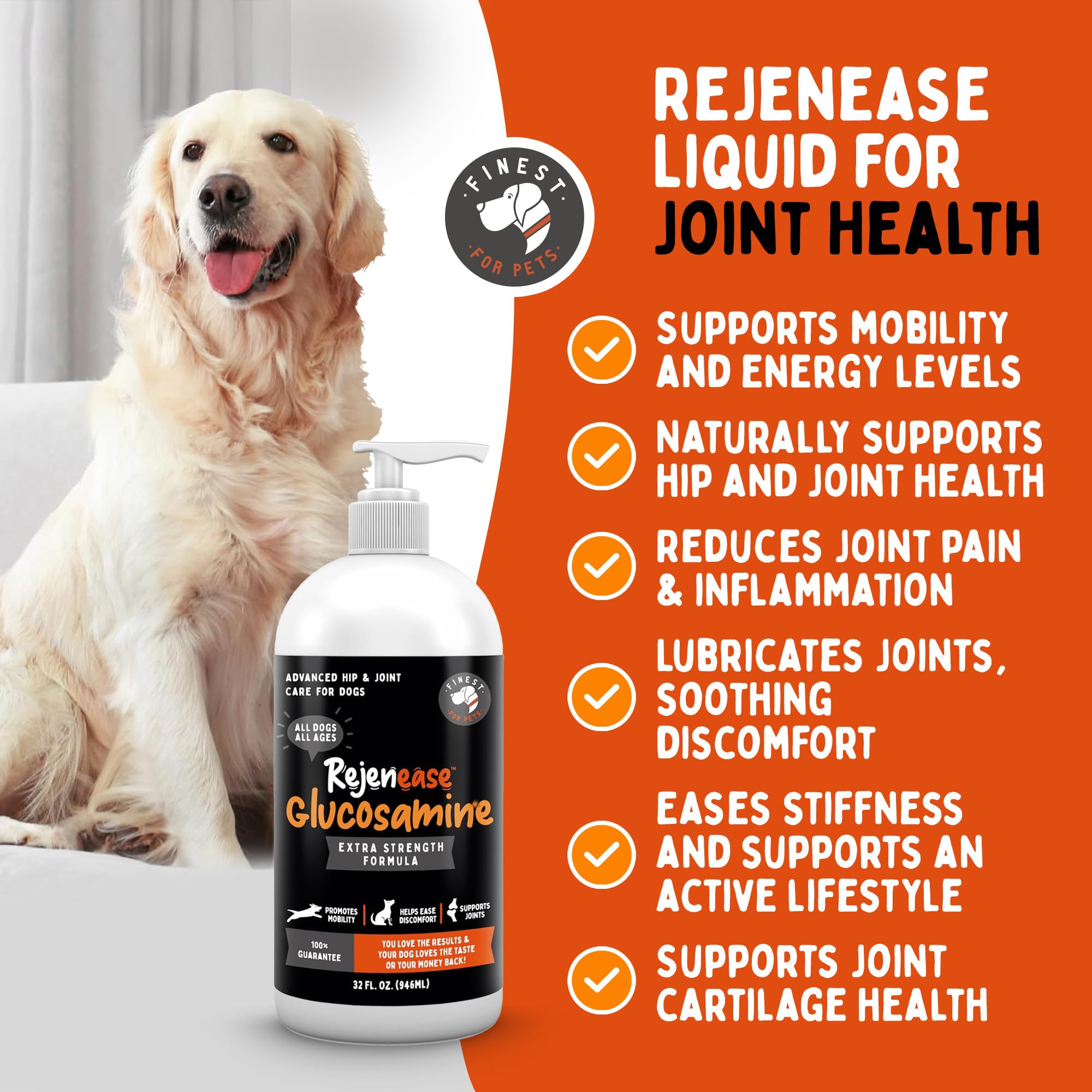 Finest For Pets Rejenease étiquette en gros plan montrant ingrédients clés
