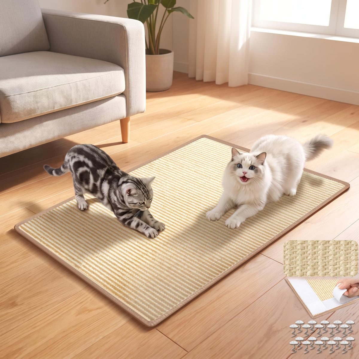 Finvizo tapis griffoir devant packaging montrant taille et protection meubles