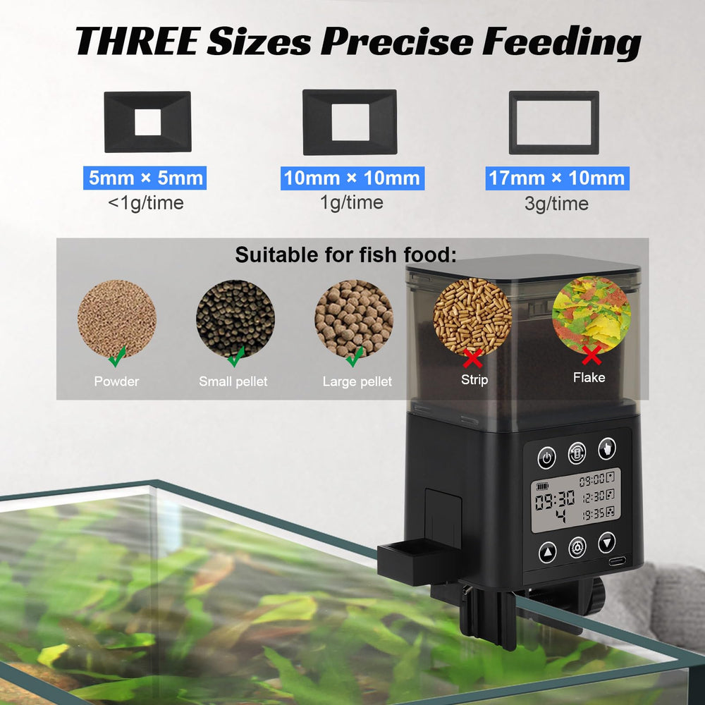 fishkeeper écran LCD lisible affichant heures, portions et niveau batterie