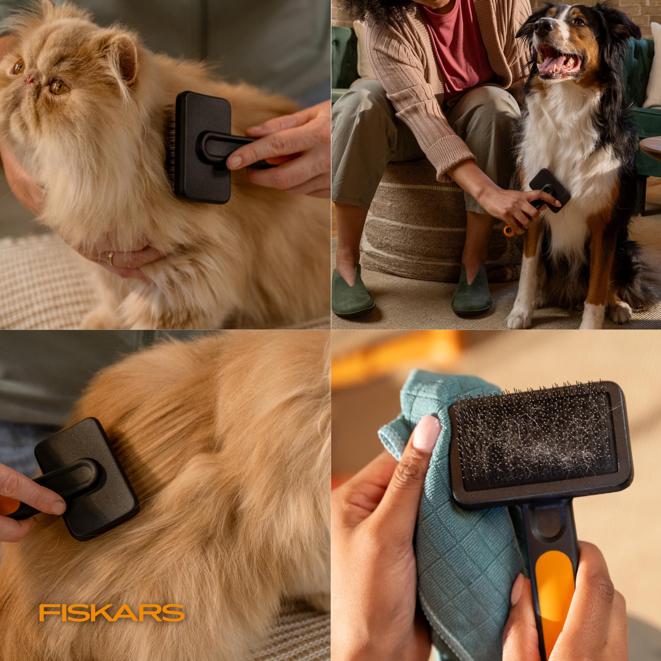 Fiskars brosse dans un salon montrant un toilettage apaisant et quotidien
