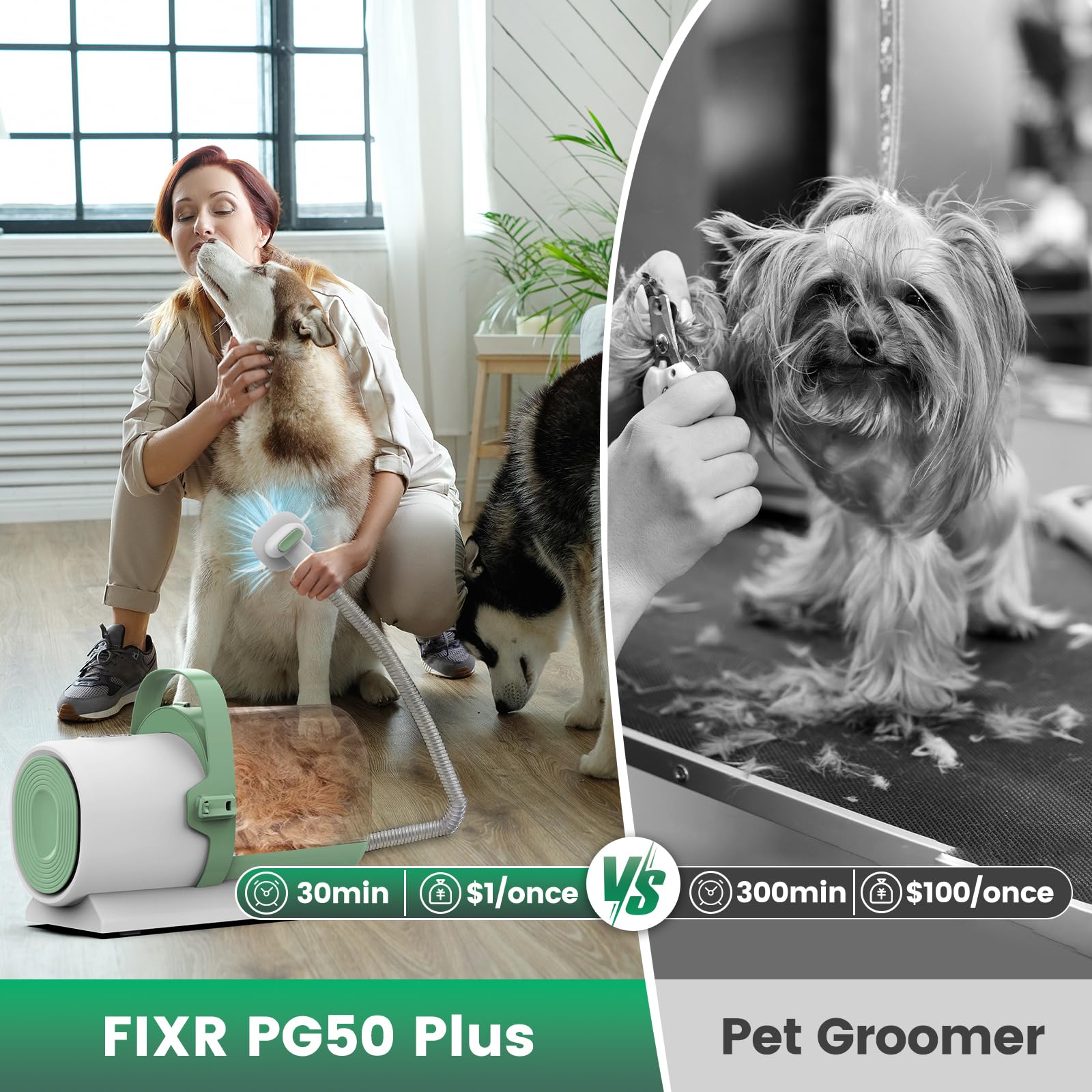 FIXR toilettage en cours sur chien avec aspiration simultanée